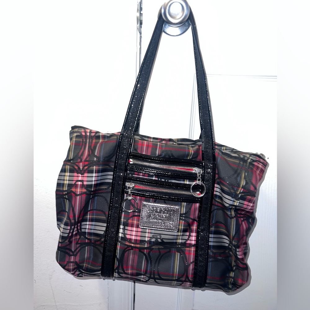 Coach Poppy Glam Red Tartan Plaid Signature Tote Shoulder Bag Purse